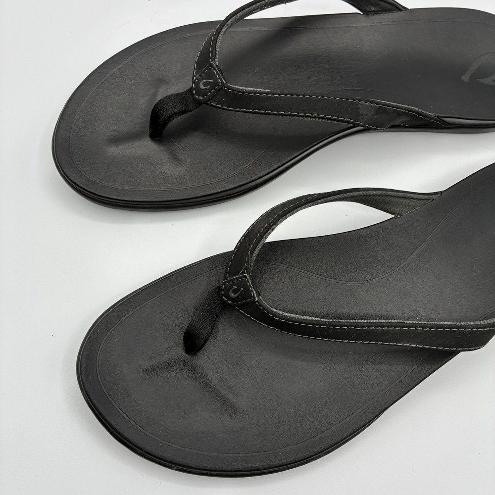 Olukai Flip Flops Womens 11 Ho'opio Black Leather Thong Flats Slip On Beach - Picture 2 of 10